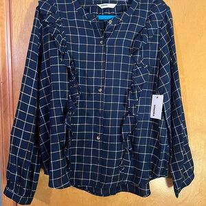 Sonoma Navy Plaid Blouse with Gold Accent